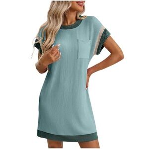 NWOT Women’s XL Casual T-Shirt Dress Aqua Green Ribbed Knit Short Sleeve Shift.